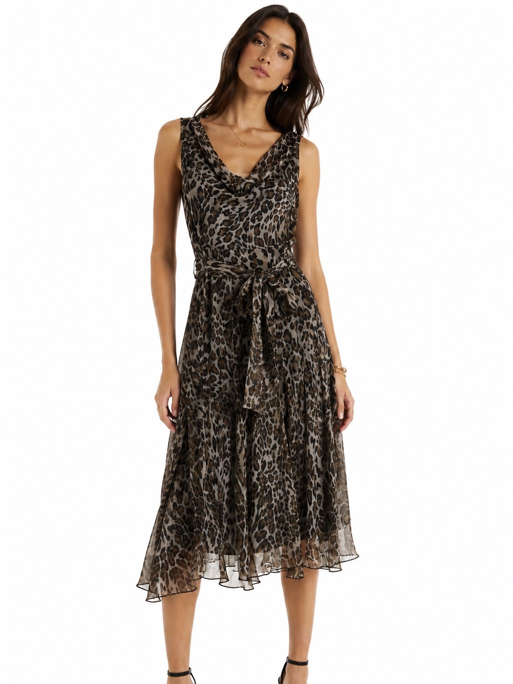 Sunny Leigh 100% Silk Leopard Print Dress Size 10 Y2K Cowl Neck FLAWED *READ